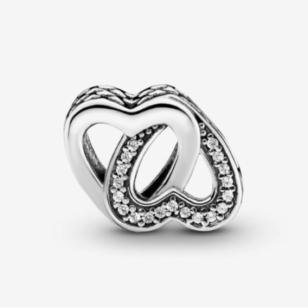 Retired Pandora Interlocked Hearts Silver Charm with Clear Cubic Zirconia EUC